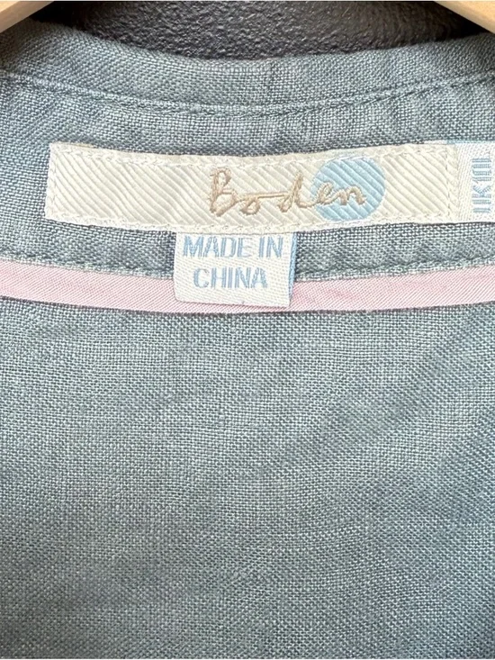 Boden Linen Roll Sleeve Shirt Dress with Waist Tie | Gray-Green | Size 6 - Picture 4 of 6